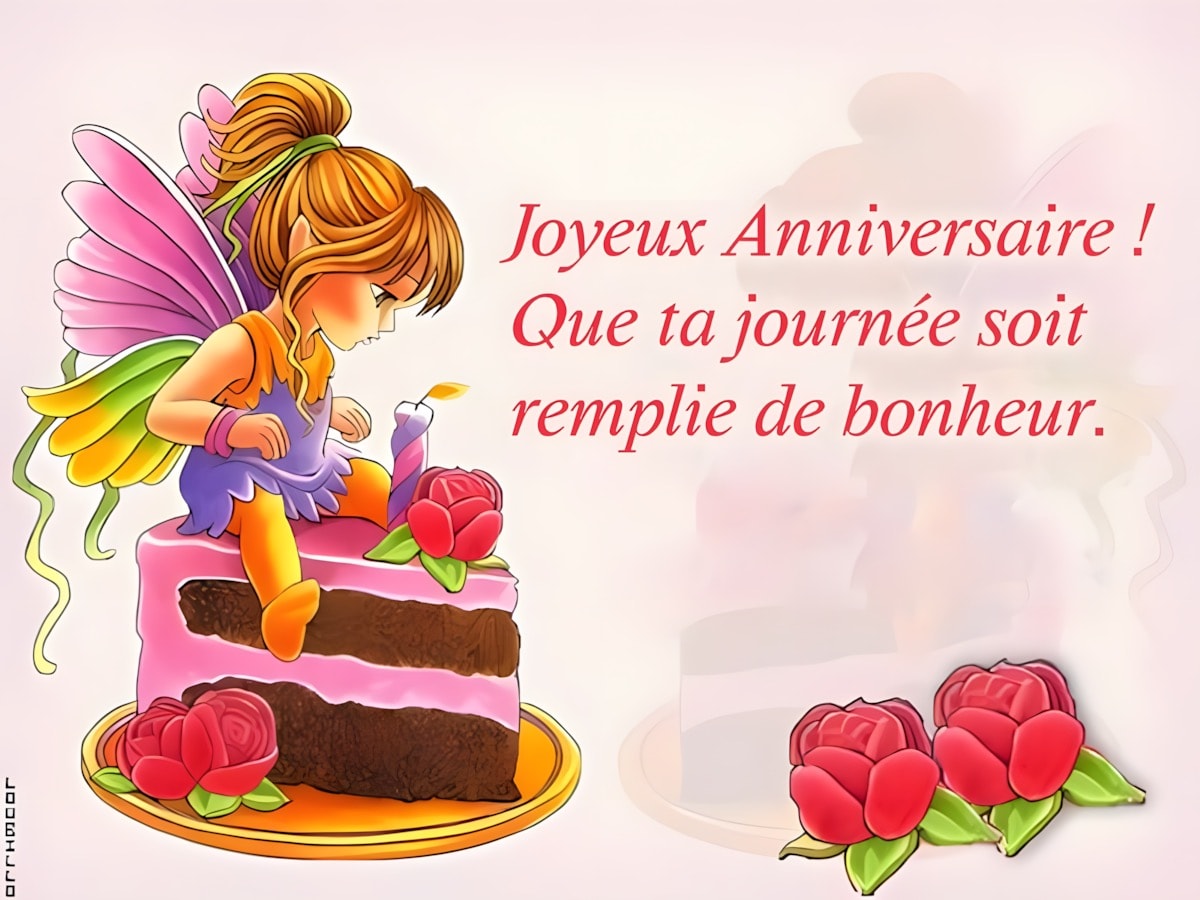 Une fée ailée souffle une bougie sur un gâteau, entourée de roses, avec vœux de bonheur