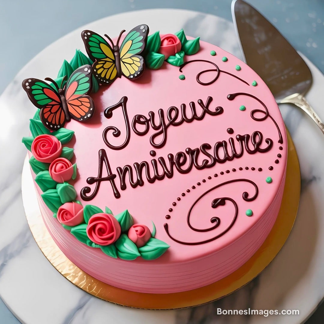 Un gâteau d'anniversaire rose décoré de papillons colorés et de roses, parfait pour célébrer une journée spéciale.