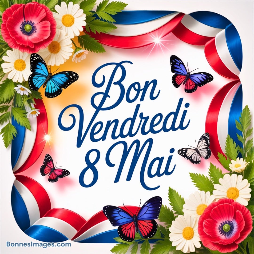 Texte 'Bon Vendredi 8 Mai' entouré de rubans tricolores, fleurs et papillons colorés