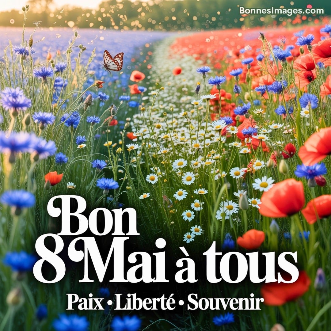 Champs de fleurs multicolores avec papillon, texte « Bon 8 Mai à tous, Paix, Liberté, Souvenir »