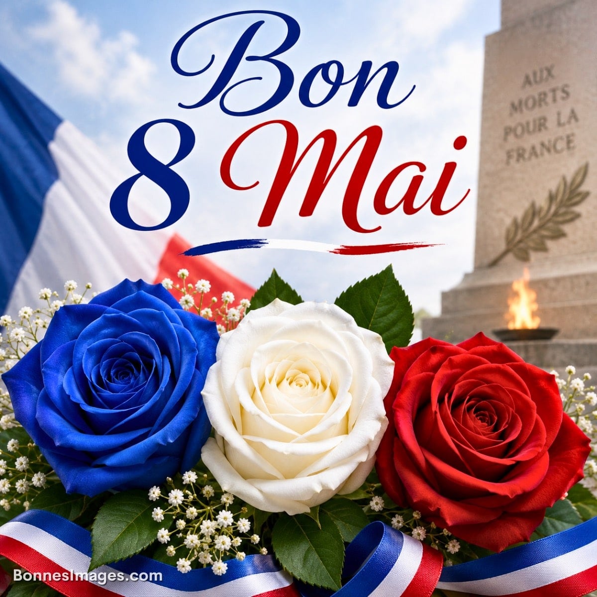 Bouquet de roses tricolores face à un monument aux morts, texte 'Bon 8 Mai' et drapeau français en arrière-plan
