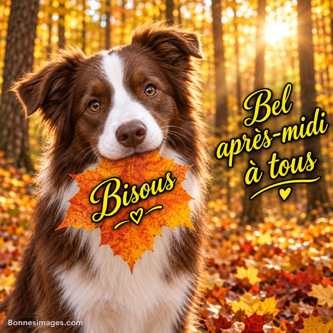 Chien dans une forêt d’automne tenant une feuille orange, avec le message « Bisous. Bel après-midi à tous »