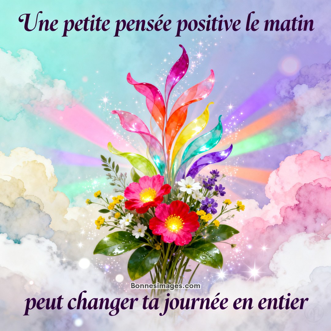 Texte inspirant avec bouquet de fleurs et rubans arc-en-ciel sur fond de nuages pastel