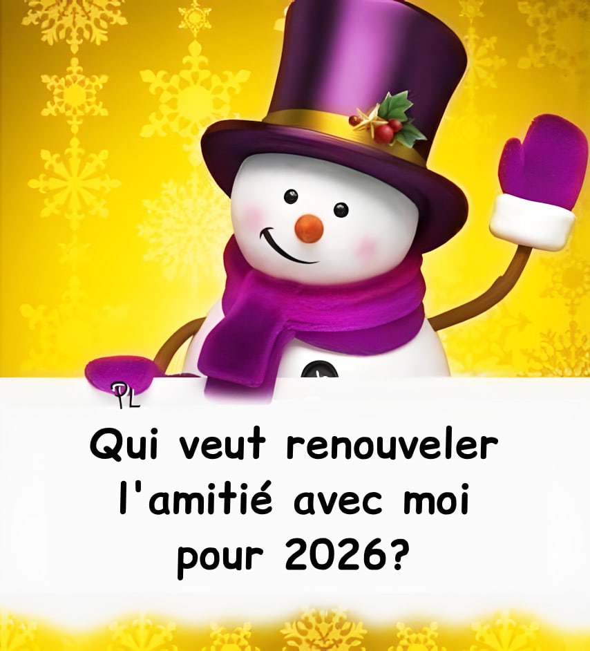 Bonhomme de neige souriant avec chapeau violet et écharpe, sur fond jaune, demandant une amitié pour 2026
