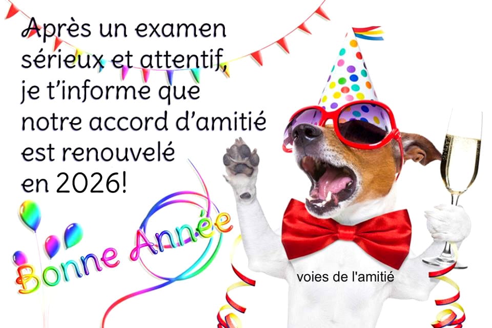 Chien festif avec lunettes, chapeau, nœud papillon, verre à la main, souhaitant une bonne année 2026 d'amitié