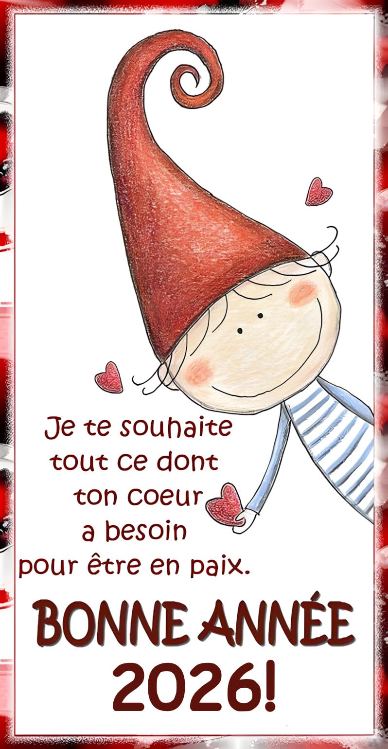 Carte de vœux avec un petit lutin au grand bonnet rouge, des cœurs et le message: Bonne Année 2026