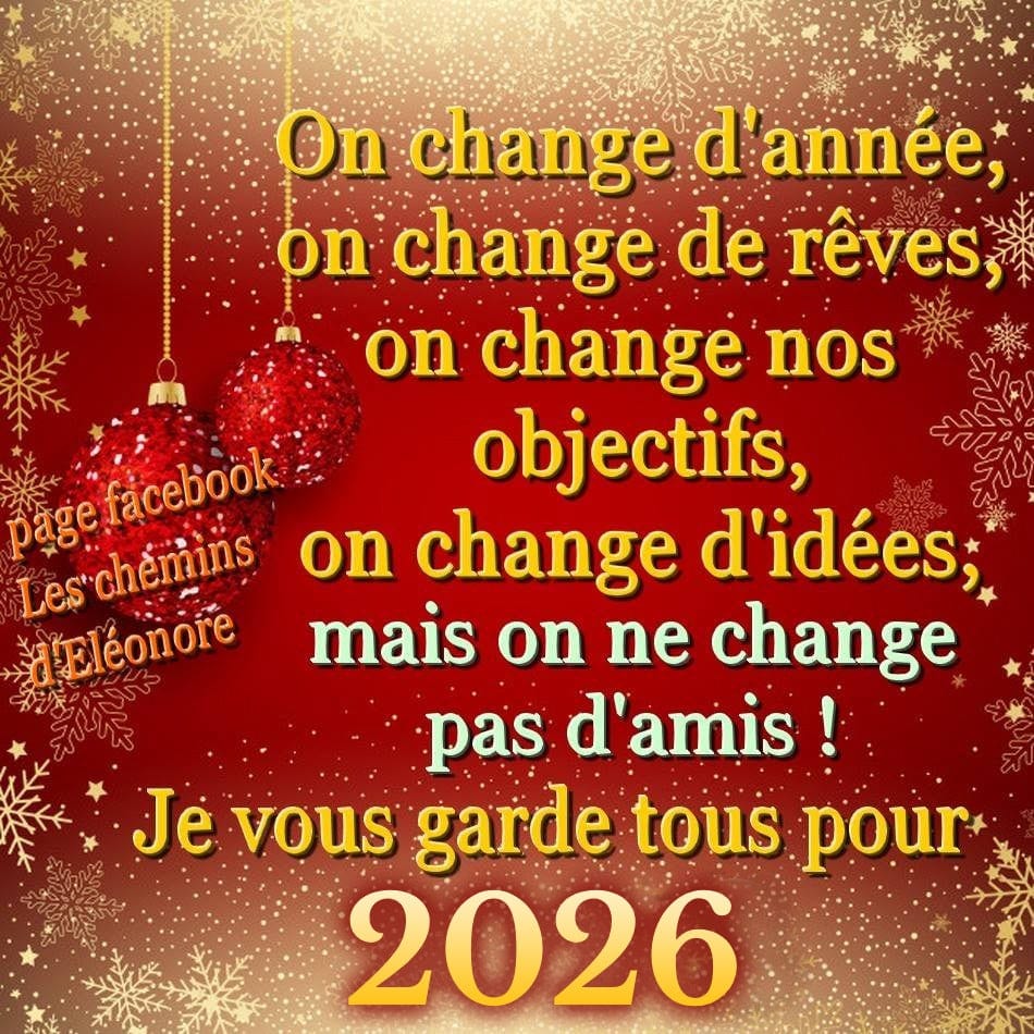 Fond rouge festif avec flocons dorés et boules; message de vœux: on change d’année, pas d’amis; rendez-vous en 2026