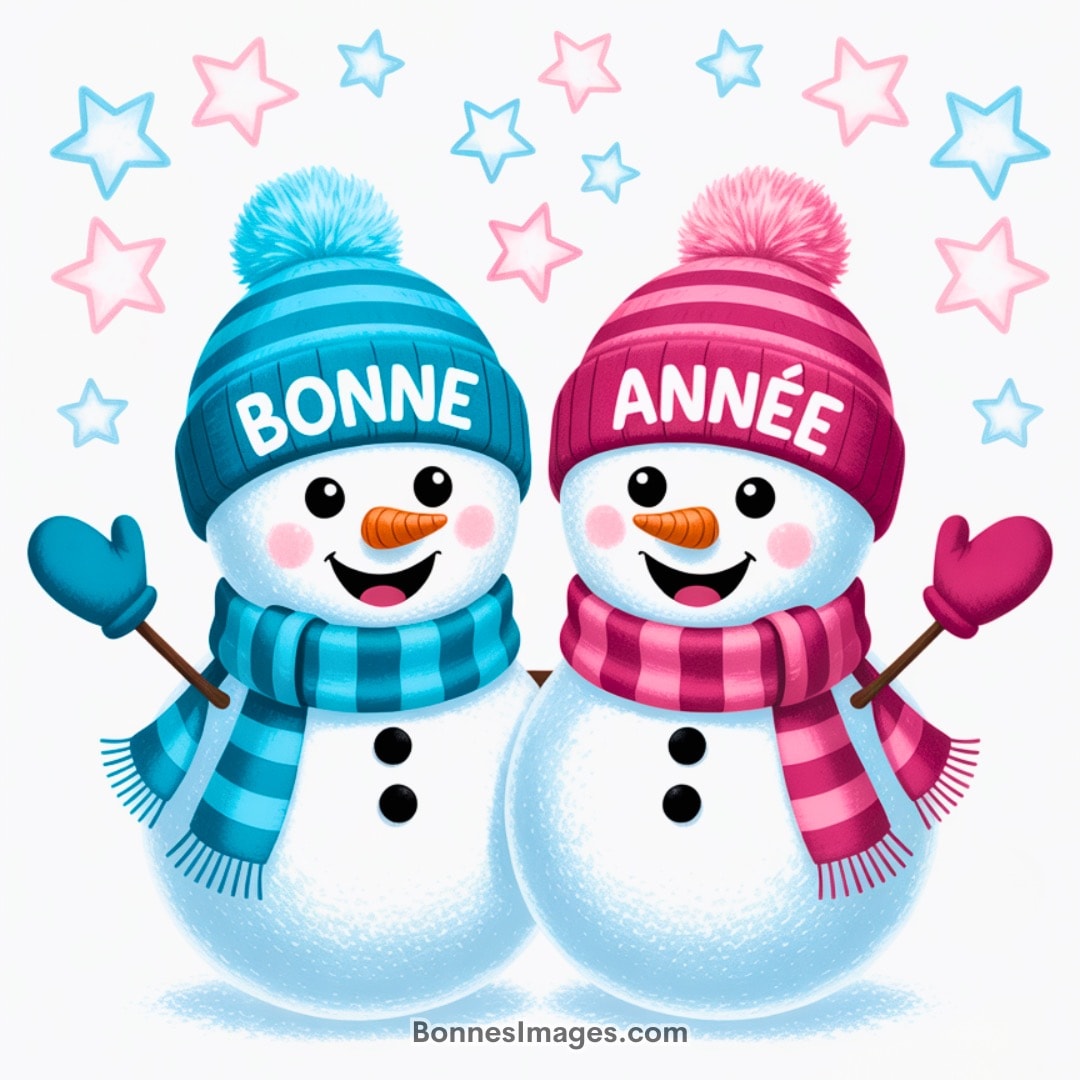 Deux bonhommes de neige souriants avec bonnets et écharpes bleu et rose, entourés d'étoiles, souhaitant une bonne année