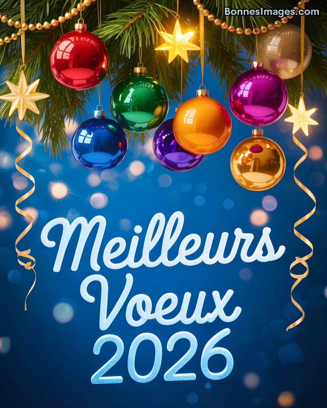 Boules de Noël colorées et étoiles dorées suspendues à des branches de sapin avec le texte 'Meilleurs Voeux 2026'