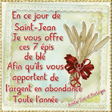 Un souhait de prospérité et d'abondance illustré par des épis de blé et un ruban rouge scintillant.