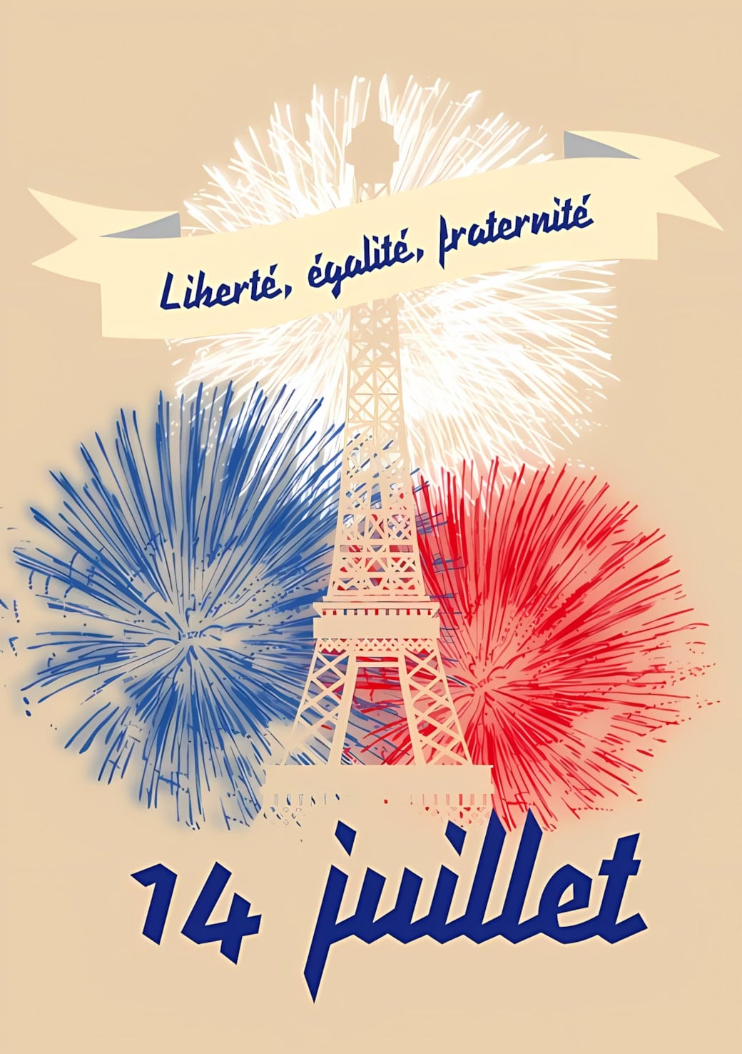 Célébration du 14 juillet avec feux d'artifice derrière la Tour Eiffel. Vive la France!