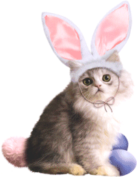 Chat gris portant un costume de lapin avec oreilles roses, assis près d\'œufs de Pâques colorés