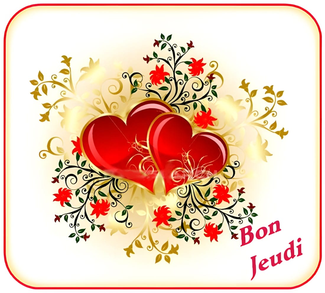 Deux cœurs rouges entourés de motifs floraux dorés et rouges illuminent ce jeudi.
