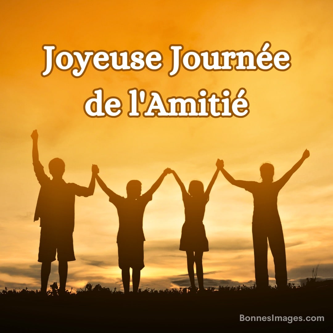 Quatre silhouettes se tiennent la main sous un ciel doré avec le texte 'Joyeuse Journée de l'Amitié'