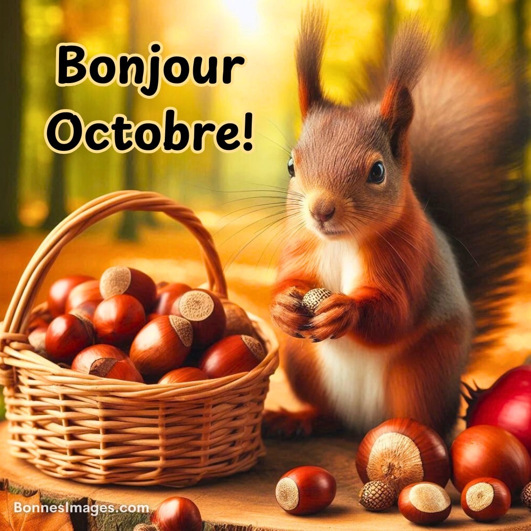 Écureuil en forêt d’automne tenant un gland près d’un panier de noisettes, avec le texte « Bonjour Octobre ! »
