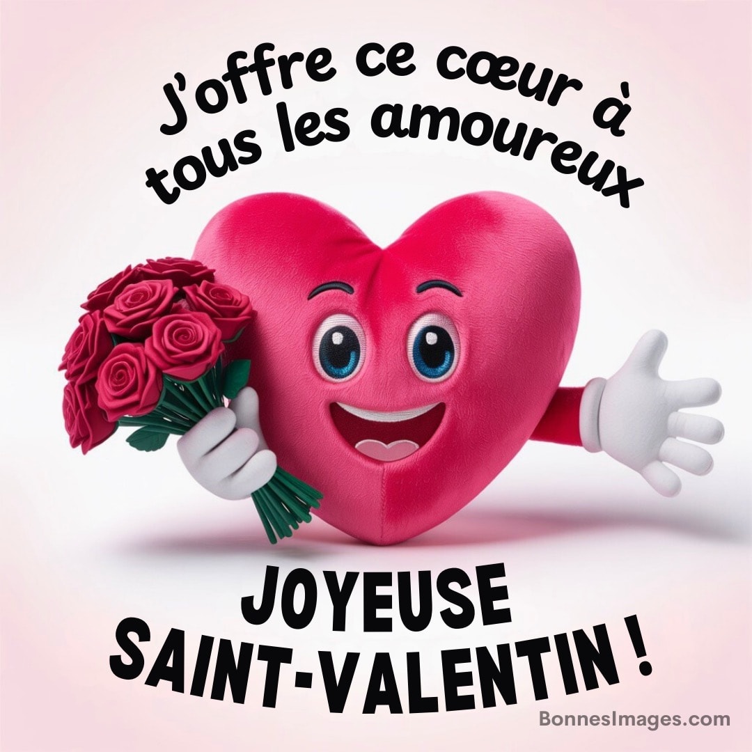 Cœur souriant tenant un bouquet de roses rouges avec le texte « Joyeuse Saint-Valentin » en fond rose