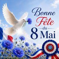 Colombe blanche tenant une fleur bleue, bleuets et drapeau tricolore avec le texte « Bonne fête du 8 mai »