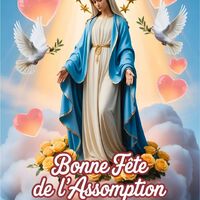 Célébration solennelle de l'Assomption, entourée de symboles de paix et d'amour.