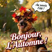 Chien berger allemand avec couronne de feuilles d’automne, bulles de texte « Au revoir l’été ! » et « Bonjour, l’automne ! »