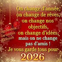 Des décorations de Noël rouges brillent sous un ciel de flocons dorés, annonçant des vœux chaleureux pour 2026.