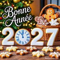Biscuits décorés formant '2027' avec une horloge, bonhomme en pain d'épices et texte 'Bonne Année' lumineux