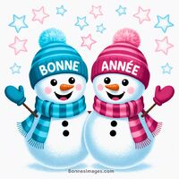 Deux bonhommes de neige souriants célèbrent la nouvelle année avec leurs bonnets et écharpes colorés.
