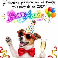 Carte de vœux: chien festif avec chapeau, lunettes et nœud papillon, levant une coupe, texte Bonne année 2027