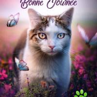 Un chat gracieux se promène dans un champ fleuri, entouré de papillons colorés.