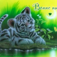 Un adorable tigreau se repose paisiblement dans un décor de verdure lumineuse, accompagné de papillons délicats.