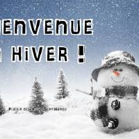 Un bonhomme de neige souriant accueille l'hiver sous une douce chute de neige. Les sapins enneigés ajoutent une touche magique à ce paysage hivernal.