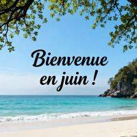 Plage tropicale sous des branches d’arbre, mer turquoise et ciel bleu avec le texte « Bienvenue en juin ! »