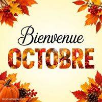 Carte d’automne avec feuilles, citrouilles et baies rouges, texte « Bienvenue octobre »