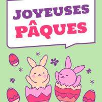Deux lapins colorés sortent d’œufs décorés avec joyeux Pâques en texte sur fond vert clair