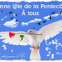 Un pigeon blanc traverse le ciel bleu transportant une rose rouge, symbolisant l'espoir et la paix lors de la Pentecôte.