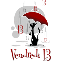 Un chat noir se protège sous un parapluie lors d'une pluie de malchance, symbolique du Vendredi 13.