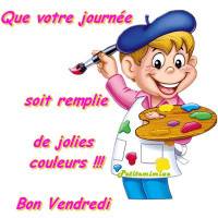 Un petit peintre joyeux, béret sur la tête, brandit son pinceau et sa palette aux couleurs vives. Une scène pleine de créativité et de bonne humeur.