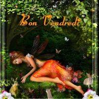Fée orange allongée dans une forêt magique entourée de lapins, papillons et texte 'Bon Vendredi'