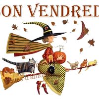 Une sorcière survole avec ses chats et une citrouille, entourée de feuilles d'automne.