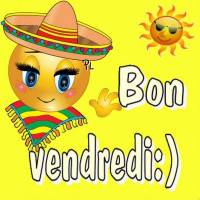 Un émoji souriant avec un sombrero souhaite un bon vendredi ensoleillé.